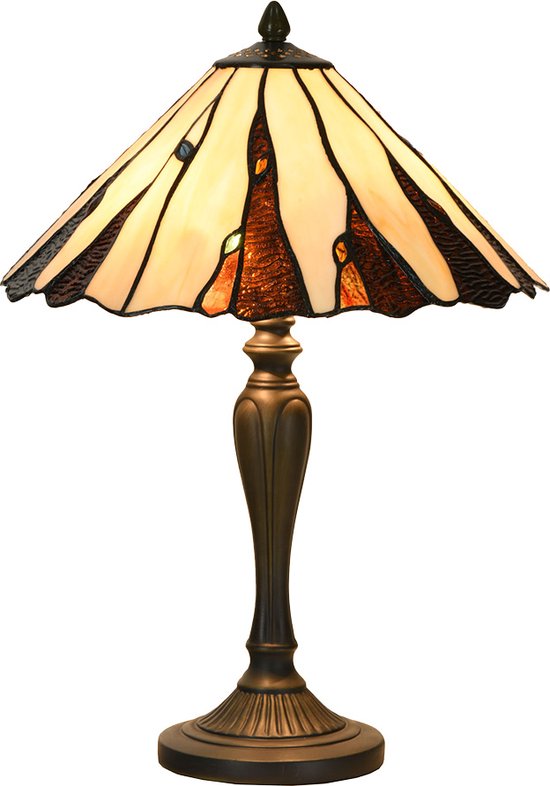 HAES DECO - Tiffany Tafellamp Ø 35x53 cm Beige Glas Tiffany Bureaulamp