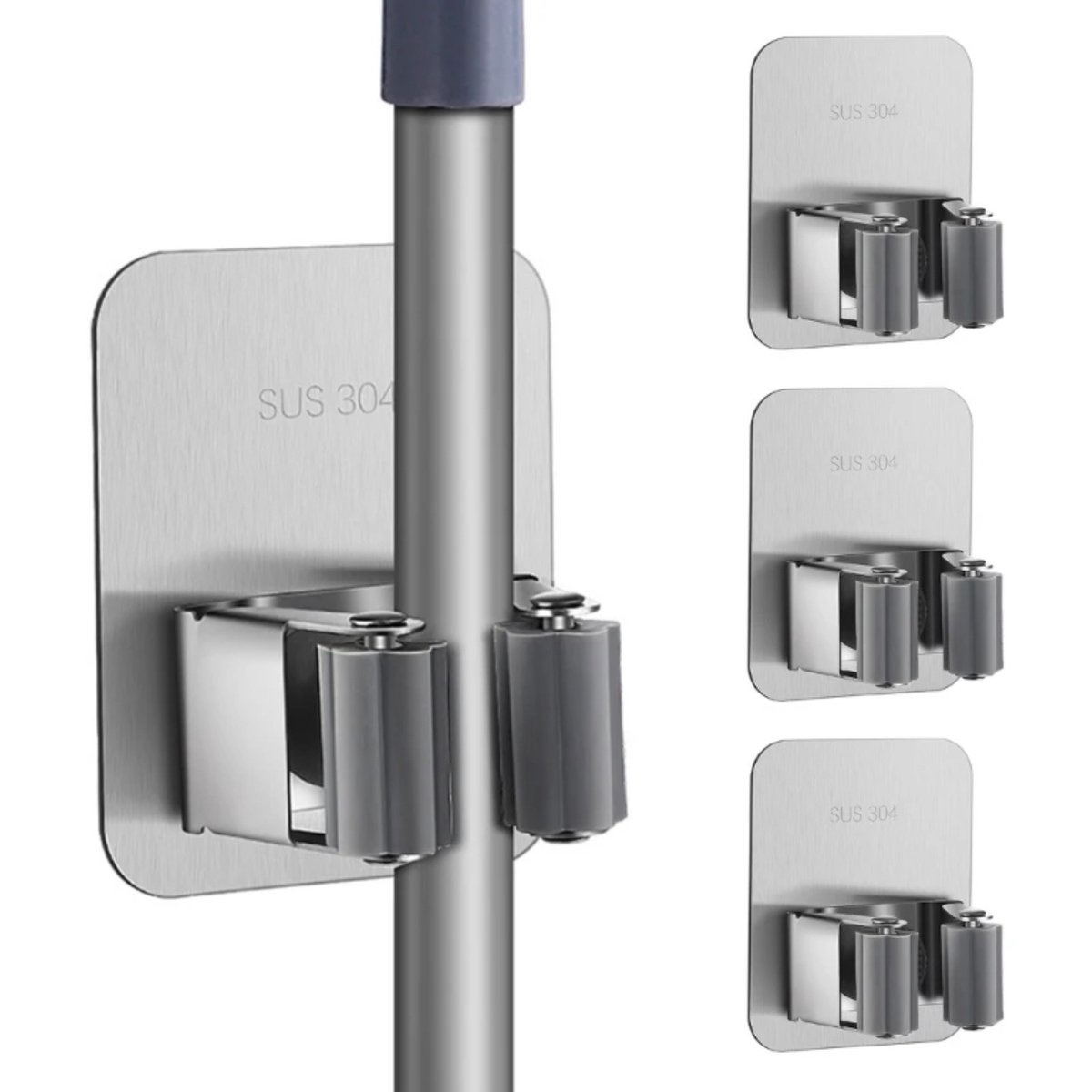 Waal® Bezemhouder - 4 stuks - Bezem ophangsysteem schuur - Zelfklevend - Bezem houder tuingereedschap - RVS Zilver