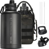 Roestvrijstalen drinkfles, waterfles 1,9 l hoge capaciteit, sportfles met goede isolerende werking voor fiets, camping, yoga, gym, softair, camo zwart, 64 oz