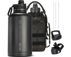 Roestvrijstalen drinkfles, waterfles 1,9 l hoge capaciteit, sportfles met goede isolerende werking voor fiets, camping, yoga, gym, softair, camo zwart, 64 oz