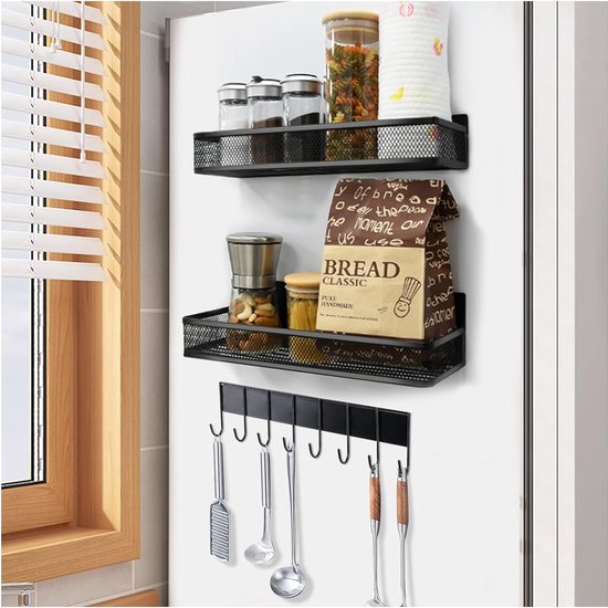 Kruidenrek Keukenrek 3-pack magnetisch kruidenrek voor koelkastorganizer met 8-hakenrek koelkastplank voor keukenmagnetronopslag Organizer Kruidenorganizer