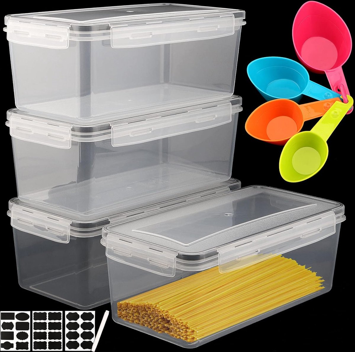 Set van 4 spaghetti-opbergdozen keukenvoorraaddozen met deksel rechthoekige pastacontainers 3 2 l spaghettijerrycan voorraaddozen luchtdicht voor granen muesli cornflakes pasta