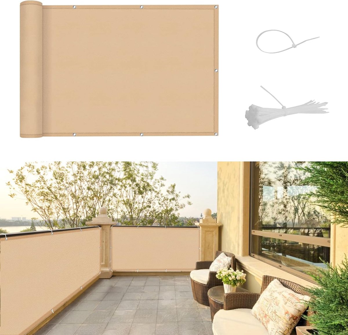 Balkonscherm inkijkbescherming 75 x 300 cm balkonafdekking PES uv-bescherming balkonbekleding weerbestendig met kabelbinders zandbeige