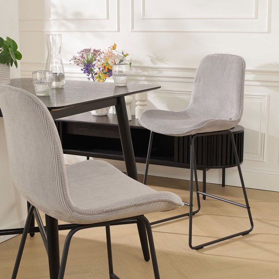 Nolon Nino-Fé Set de 2 Tabourets de bar Nervurés Grijs Chaud - Piètement Zwart - 75 cm - Chaise de Bar - avec Dossier - Tissu - Cuisine