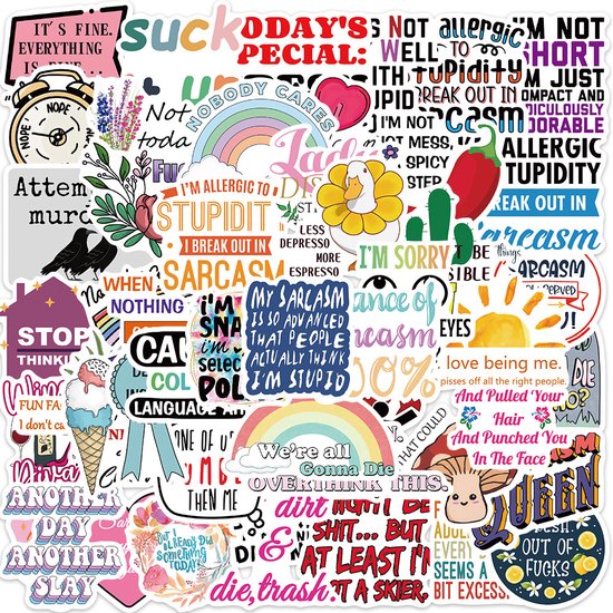 Sarcastische Stickers – 50 grappige Stickers met Engelse Teksten – Laptopstickers/Journalstickers met Sarcasme – 4x6CM