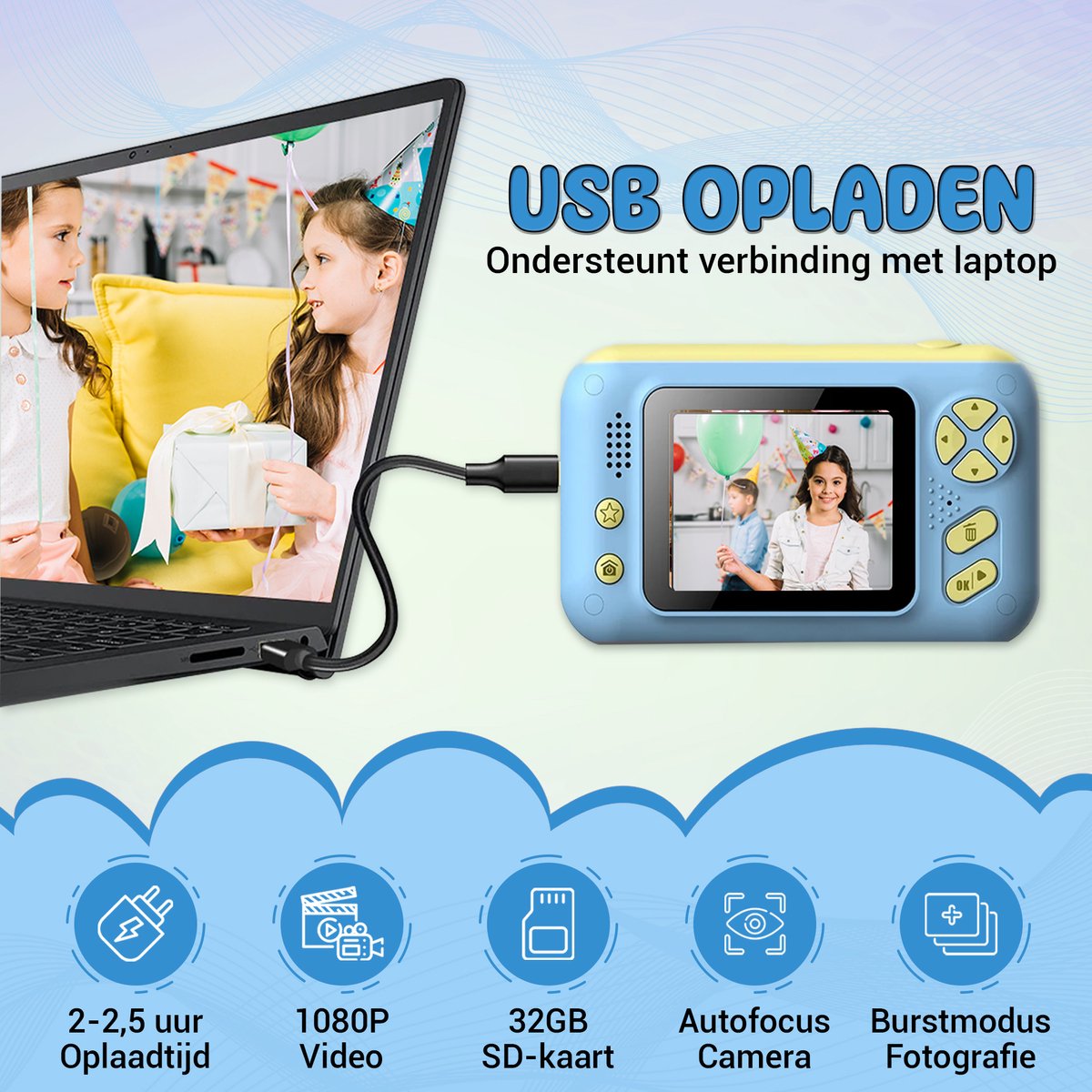K&L Digitale Kindercamera Kids - Kinder vlog camera - Kindercamera's Digitaal - Fototoestel Kinderen - Kinderfototoestel - Blauw — afbeelding 6