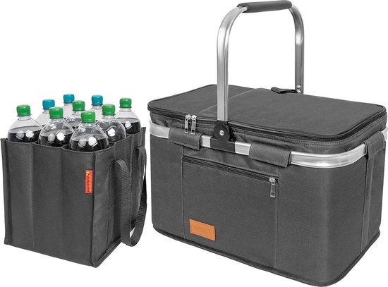 Panier de courses pliable avec sac à bouteilles - Set sac isotherme et panier à bouteilles panier pique-nique