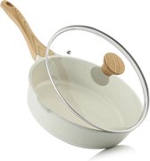 Koekenpan met deksel 26 cm/4 liter - Koel handvat - Chef-kokpan - Gezonde stenen kookpan - Inductie compatibel - PFOA-vrij (wit) Koekenpan