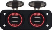 ProRide® 12V USB Stopcontact 4 Poorten - Tweevoudig Inbouw - 5V/2.1A - USB Autolader, Boot en Camper - Rood