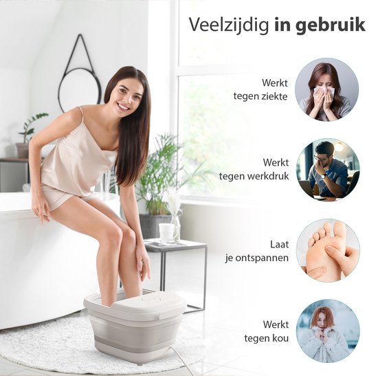 Vrouw bij bad, met voeten in voetenbad. Iconen met tekst "Werkt tegen ziekte", "Werkt tegen werkdruk", "Laat je ontspannen", "Werkt tegen kou".