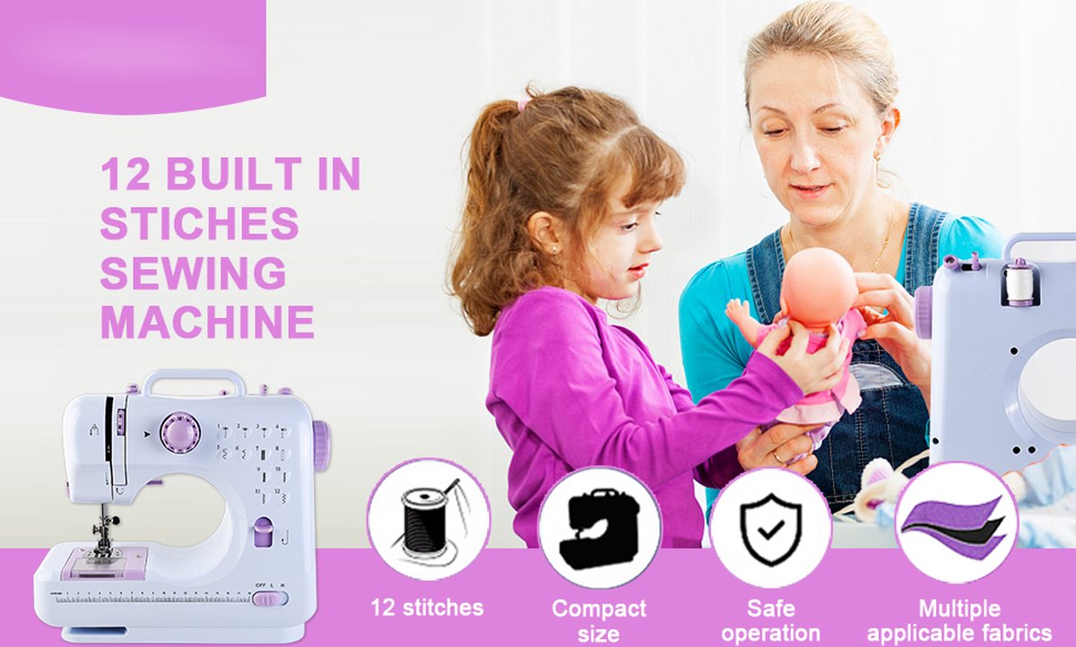 Fratersphere Draagbare Naaimachine Naaimachines Mini Elektrische Overlock 12 Steken Met Naaivoet Pedaal Beginners Wit inclusief tafel en draadsetje