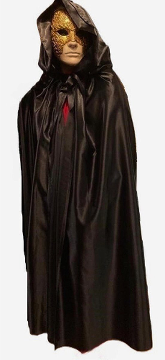 Zwarte cape van satijn, met capuchon - Prachtige handgemaakte cape - Venetiaanse cape zwart - Halloween cape zwart