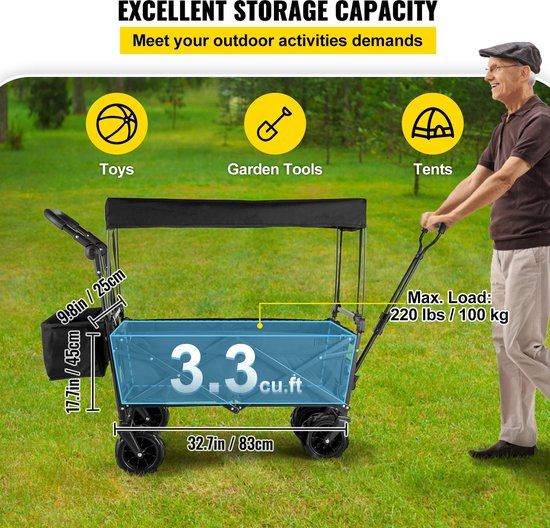 Collox Trolley - Luxe Grote Zwarte Bolderkar - Opvouwbaar Luchtbanden - Tuinkar Kindervervoer - Strandkar met Dak - 100Kg Draagvermogen - 100x55cm — afbeelding 4
