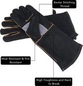 Extreme hitte- en brandwerende handschoenen van leer met kevlar-stiksels, perfect voor open haard, fornuis, oven, grill, lassen, barbecue, mig, pannenlappen, dierenbehandeling, zwart-grijs