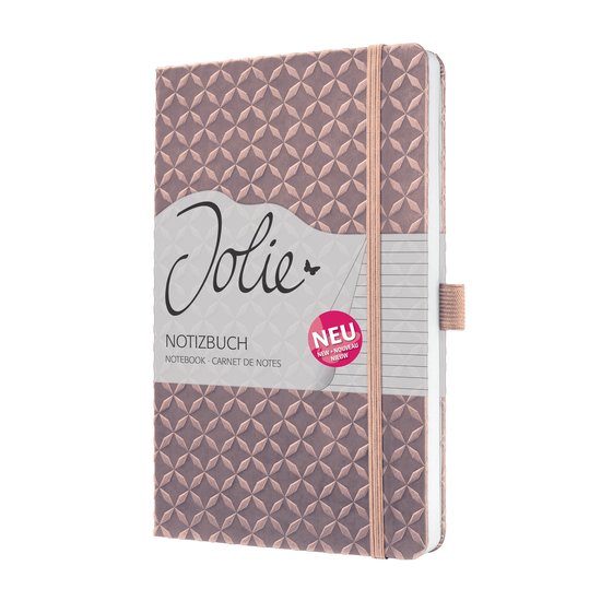 Gedetailleerde opname van een Sigel notitieboek 'Jolie' in parelmoer roze, met reliëf patroon, elastische band en een 'Nieuw' sticker.