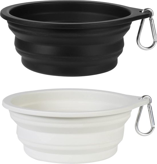 2 hondenkommen, opvouwbaar, geïntegreerde reiskom, kunststof randloos, draagbare siliconen drinkbeker, voor wandelen en kamperen, voor honden, katten, 600 ml (zwart en lichtgrijs)