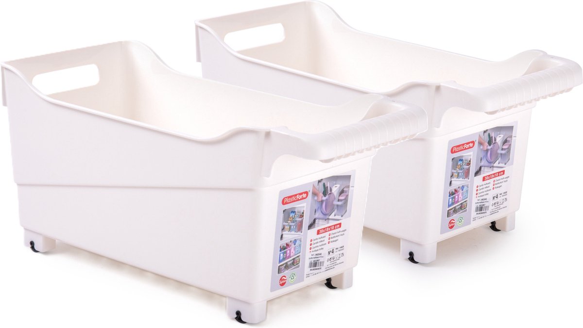 Plasticforte opberg Trolley Container - 2x - ivoor wit - L38 x B18 x H18 cm - kunststof
