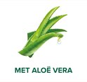 Groene bladeren van aloë vera met een druppel gel. Tekst: 'Met aloë vera'.