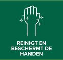 Witte hand met glinsterende sterren. Tekst: 'Reiniging en bescherming van de handen'.