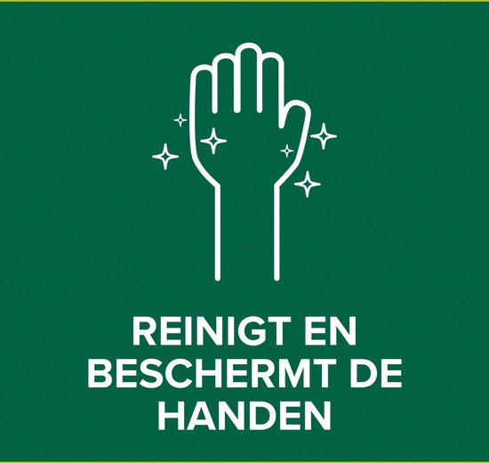 Witte hand met glinsterende sterren. Tekst: 'Reiniging en bescherming van de handen'.