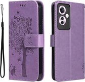 Geschikt voor Oppo Reno 11 F 5G - Portemonnee en Kaartsleuven - Magnetische Sluiting - Reliëfpatroon Boom - Book Case Hoesje - Paars