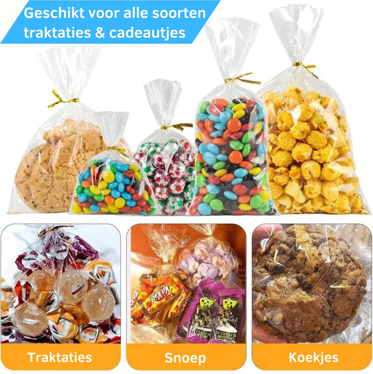 Fako Bijoux® - Cellofaan Zakjes 15x25cm - Zakjes Met Twistbandjes - Uitdeelzakjes - Transparant - Snoepzakjes - Cadeauzakjes - Inclusief Sluitstrips Goud - 100 Stuks