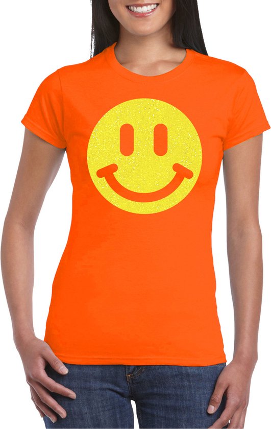 Bellatio Decorations Verkleed shirt dames - smiley - oranje - carnaval/foute party - feestkleding XS