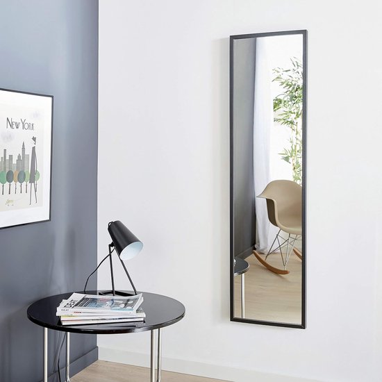 Rechthoekige spiegel Milo met houten frame - 32 x 122 cm - zwart hout - full-body spiegel - wandspiegel zwart frame