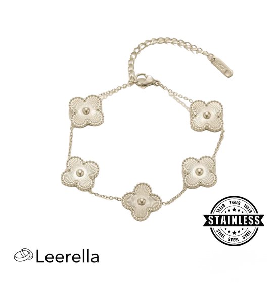 Betoverende Zilverkleurige Klaverarmband Roestvrij Stalen van Leerella - Een Tijdloos Cadeau voor Moederdag, Verjaardag en Valentijnsdag | Luxe Accessoire van Duurzaam RVS | 100% Kleurvast 16+5cm