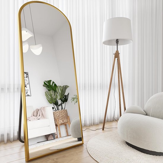 160 x 50 cm gebogen spiegel volledige lengte vrijstaande spiegel hangende spiegel aluminium frame modern eenvoudig huisdecor voor woonkamer slaapkamer garderobe, goud