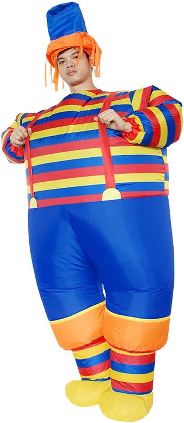 KIMU® Opblaas Kostuum Clown Streepjes - Opblaasbaar Pak - Clownspak Mascotte Opblaaspak - Opblaasbare Nar Volwassenen Dames Heren Festival