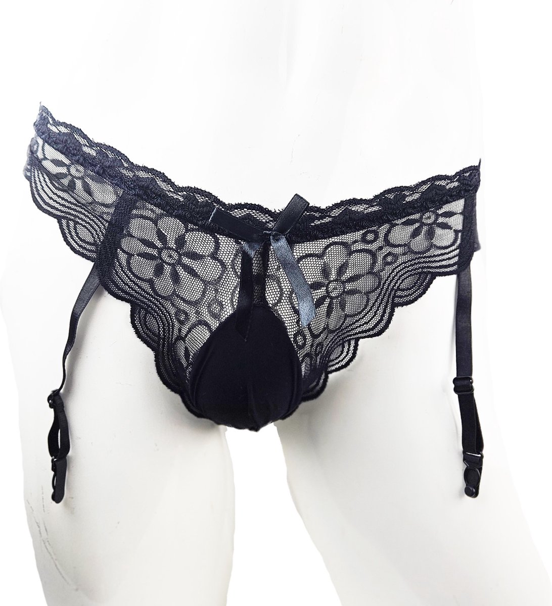 Goedkoopste BamBella ® - Sexy String met jarretel clips - One size - Sexy Zwart Erotische onderbroek Heren