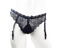 BamBella ® - Sexy String met jarretel clips - One size - Sexy Zwart Erotische onderbroek Heren