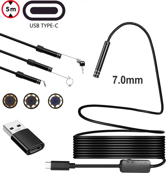 Endoscoop - Inspectiecamera USB - USB-C - Inspectiegereedschap - 7mm kop - flexibele HD - 5M kabel - waterproof - 6 LED Verlichting