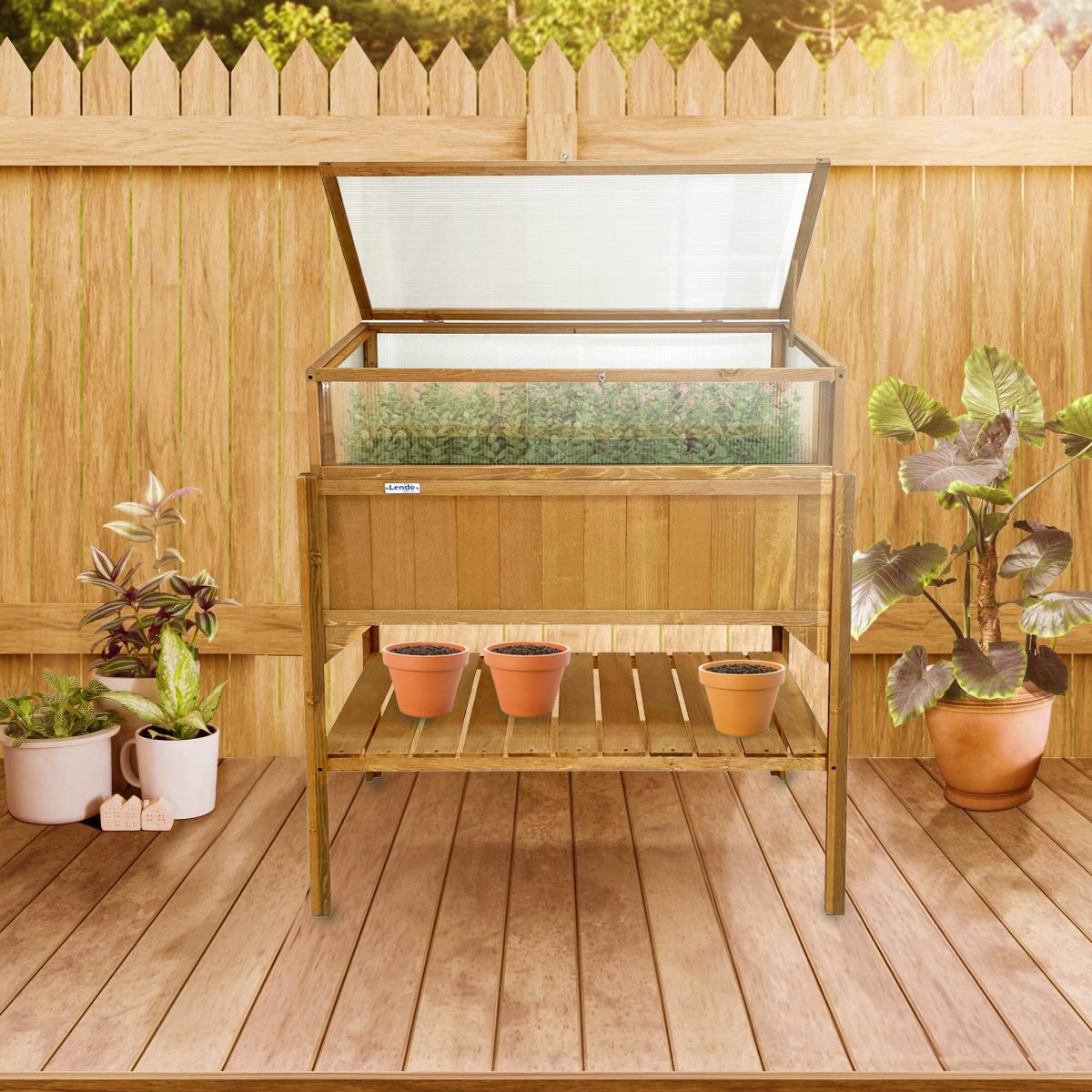 Lendo Online Plantenbak met kweekbak bloembak moestuinbak oppottafel met tuinkas balkonbak 97 5x49x120 cm vurenhout bruin
