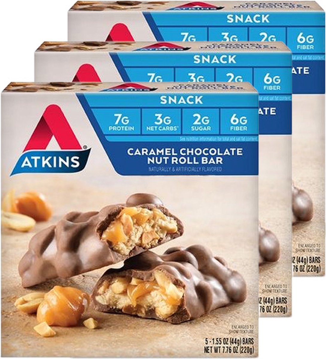 Goedkoopste Atkins | Snack Bar | Caramel Chocolate Nut Roll | 3 stuks | 3 x 44g