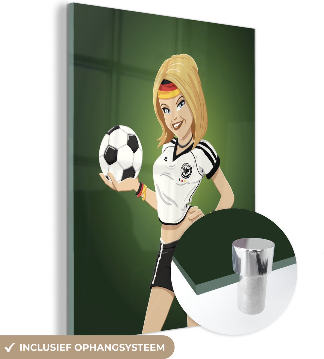 ® Glasschilderij 60x80 cm - Schilderij acrylglas - Een illustratie van een meisje met Duitse kleding en een voetbal - Meiden - Meisjes - Kinderen - Foto op glas - Muurdecoratie woonkamer - Wanddecoratie slaapkamer - Schilderijen