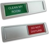 Schuifbordje met "Clean my room-Do not disturb" in een zilverkleurig kunststof schuifprofiel ca. 178x50mm - 5 Stuks