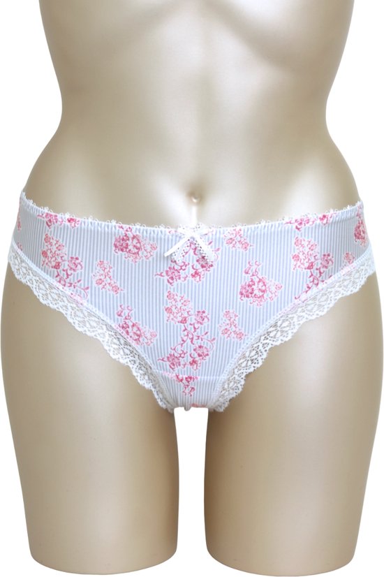 Freya - Katie Blossom - grijs met wit gestreepte string met een roze bloem- maat XS / 34