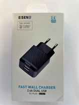 Eisenz Oplader 2.4A - USB Snellader - Dubbele Aansluiting - Zwart