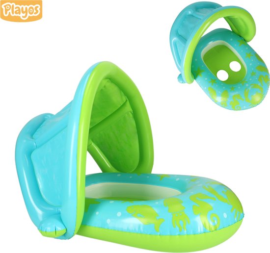 Playos® - Zwemband met Zonnescherm - met Zitje - Groen / Blauw - tot 18 kg - Peuter en Baby - Zwemring - Babyzwemband - Babyfloat - Zwemtrainer - Opblaasbaar - Zwemstoel - Opblaasbare Rubberboot - Rubber Bootje