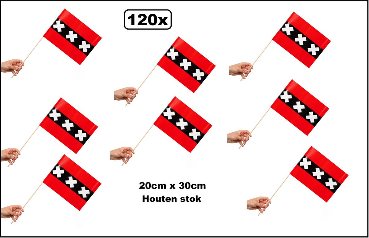 120x Zwaaivlaggetjes op houten stok Amsterdam 20cm x 30cm - Luxe zwaai vlaggetjes thema feest voetbal festival hoofdstad 020 uitdeel