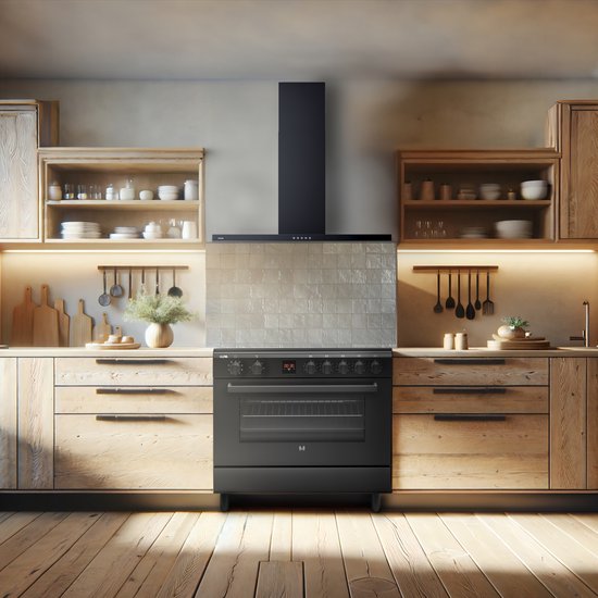 Zwart inductiefornuis met RVS accenten, met zes kookzones en een oven met glazen deur, in een moderne keuken.