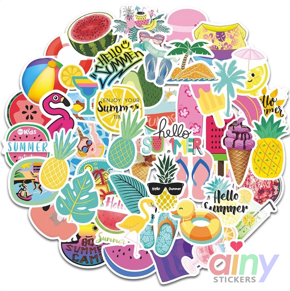 Ainy Summer Vibes Stickers 50 stuks voor bullet journal, fotoalbum, laptop, telefoon, waterfles en zelfs als muursticker of geschenksticker. Geschikt voor kinderen en volwassenen