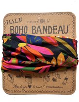 smalle zwarte Boho Bandeau met gekleurde bloemen, haar shawl, rond sjaaltje, gekleurd haarbandje, cowboy style, Natural Life, hoofdbandje, sportband, tubeshawl, bloemen, boho stijl, zon bescherming, kaalheid