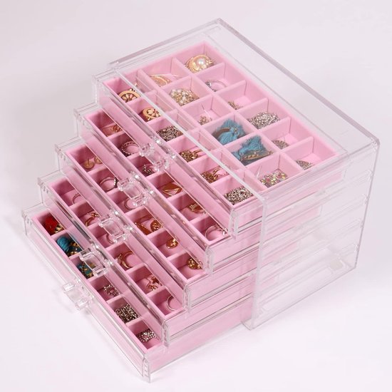 Acryl sieradendoosje met 5 schuifladen, sieradenkistje, ringopslag, organizer voor oorbellen, ringen, sieraden, organizer, roze