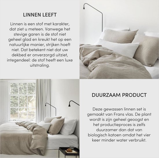 Twee gestylede slaapkamers met beige linnen beddengoed, met tekst over linnen en duurzaamheid.