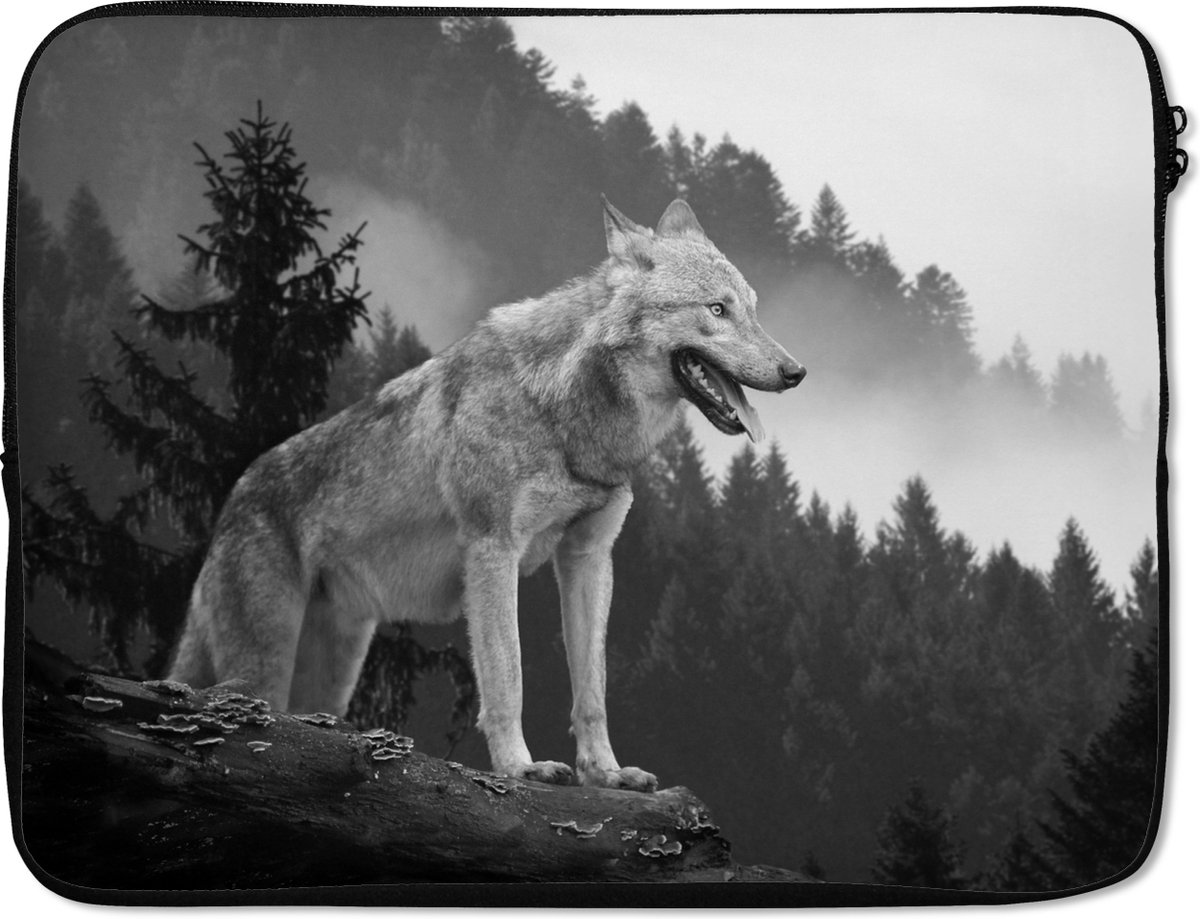 Laptophoes - Laptop - Dieren - Wolf - Bos - Zwart wit - Laptop sleeve - 15 6 Inch