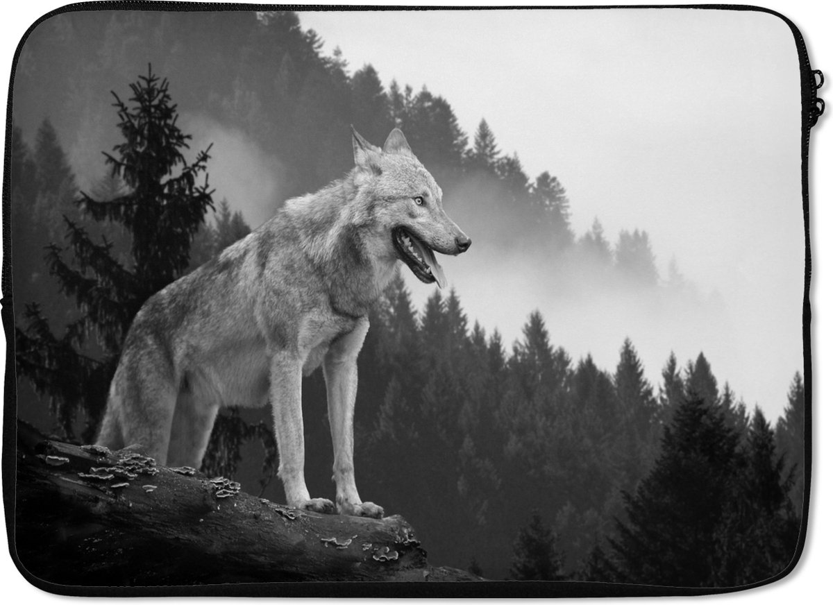 Laptophoes - Laptop - Dieren - Wolf - Bos - Zwart wit - Laptop sleeve - 14 Inch
