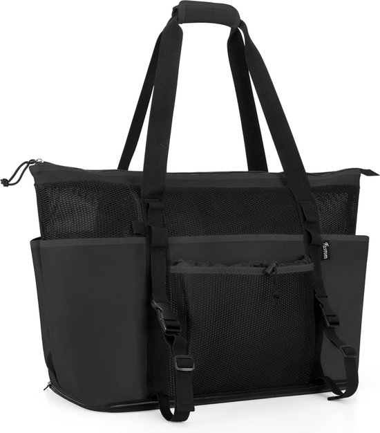 Extra grote net-strandtas met ritssluiting onderaan (patent aangevraagd), zwart